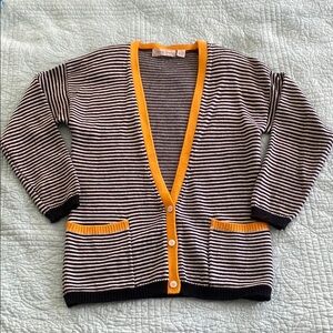 Vintage Black and White Striped Cardigan with Yellow Trim